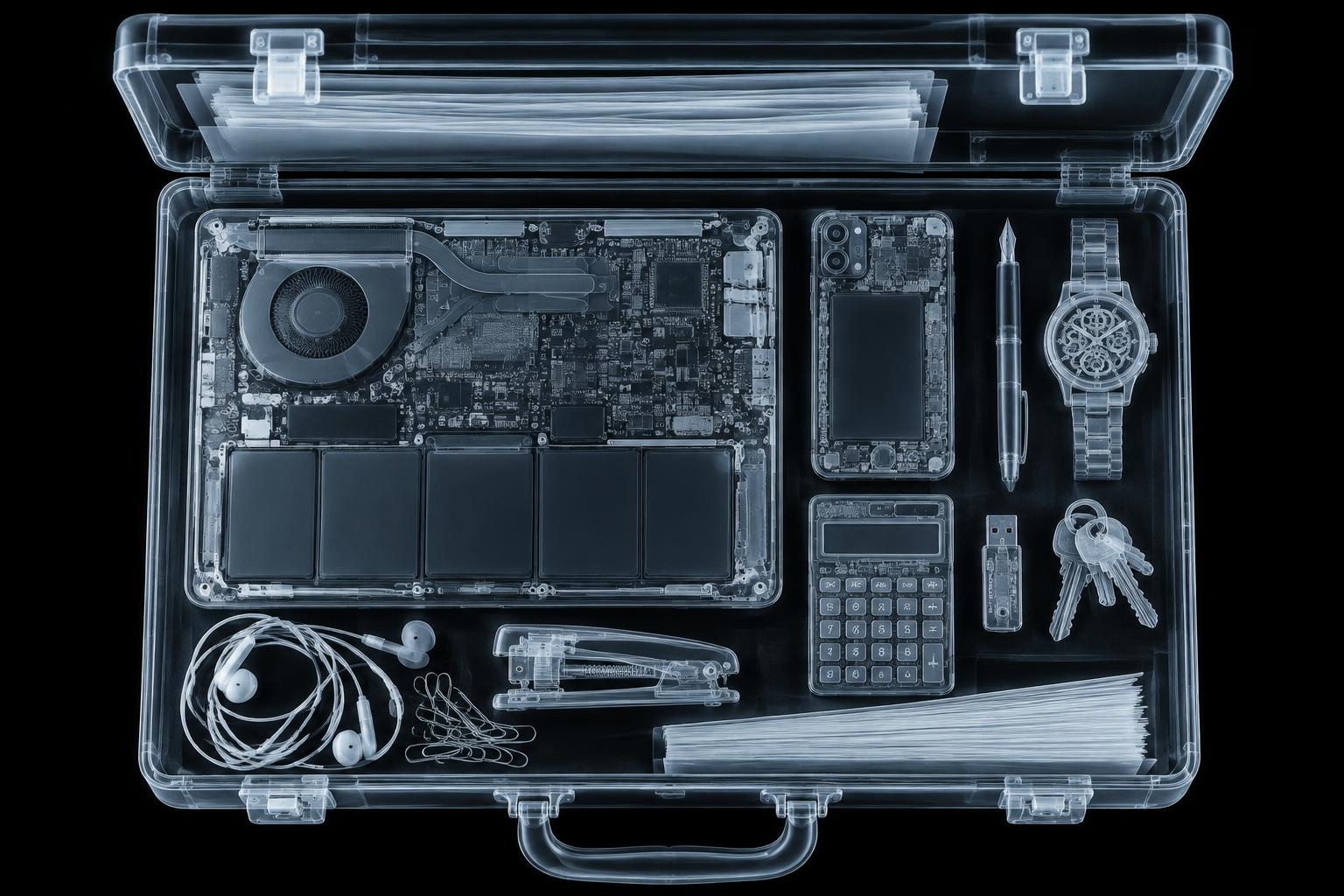 X-ray scan of a business briefcase revealing a laptop, phone, documents and tools inside